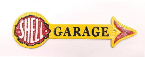 Shell Oil Arrow Cast Iron Vintage Garage Advertising Plaque Sign 40cm x 12cm