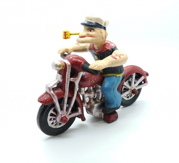 Popeye The Sailor Man On A Motorcycle Vintage Cast Iron Figurine 21cm x 16cm