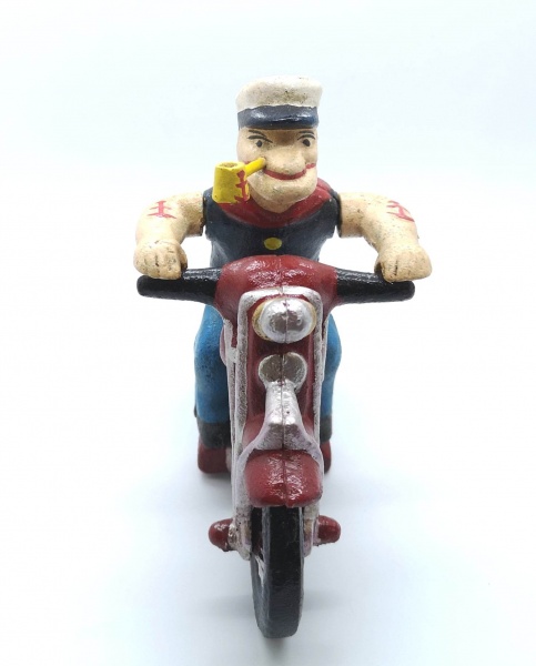 Popeye The Sailor Man On A Motorcycle Vintage Cast Iron Figurine 21cm x 16cm