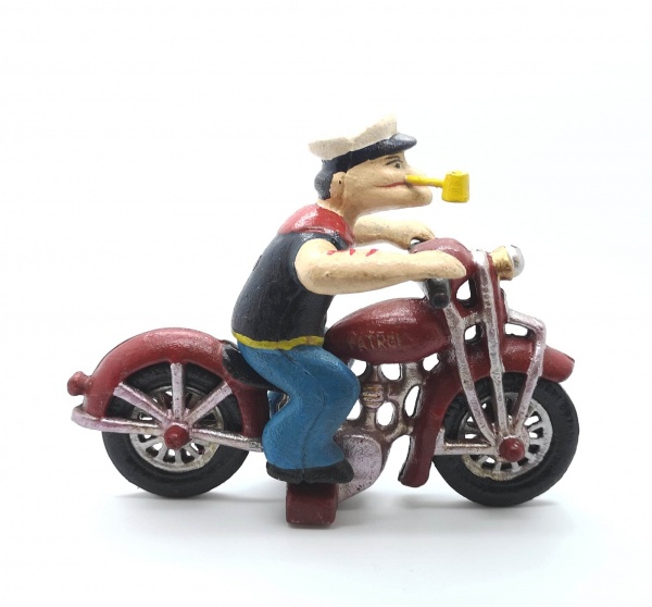 Popeye The Sailor Man On A Motorcycle Vintage Cast Iron Figurine 21cm x 16cm
