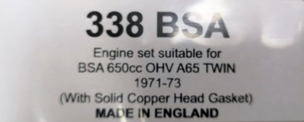 BSA A65 650cc OHV Engine Gasket Set Solid Copper Head 1971-1973 UK Made 338BSA