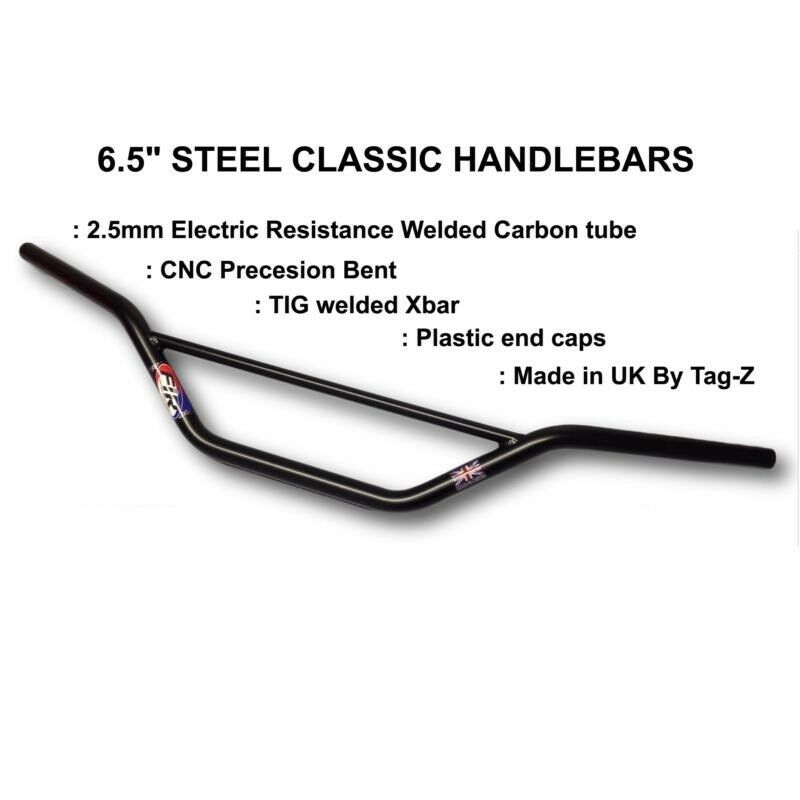 UK TAG-Z BLACK 7/8'' CARBON STEEL TRIALS HANDLEBARS 6.5'' HI-BRACE CLASSIC BEND