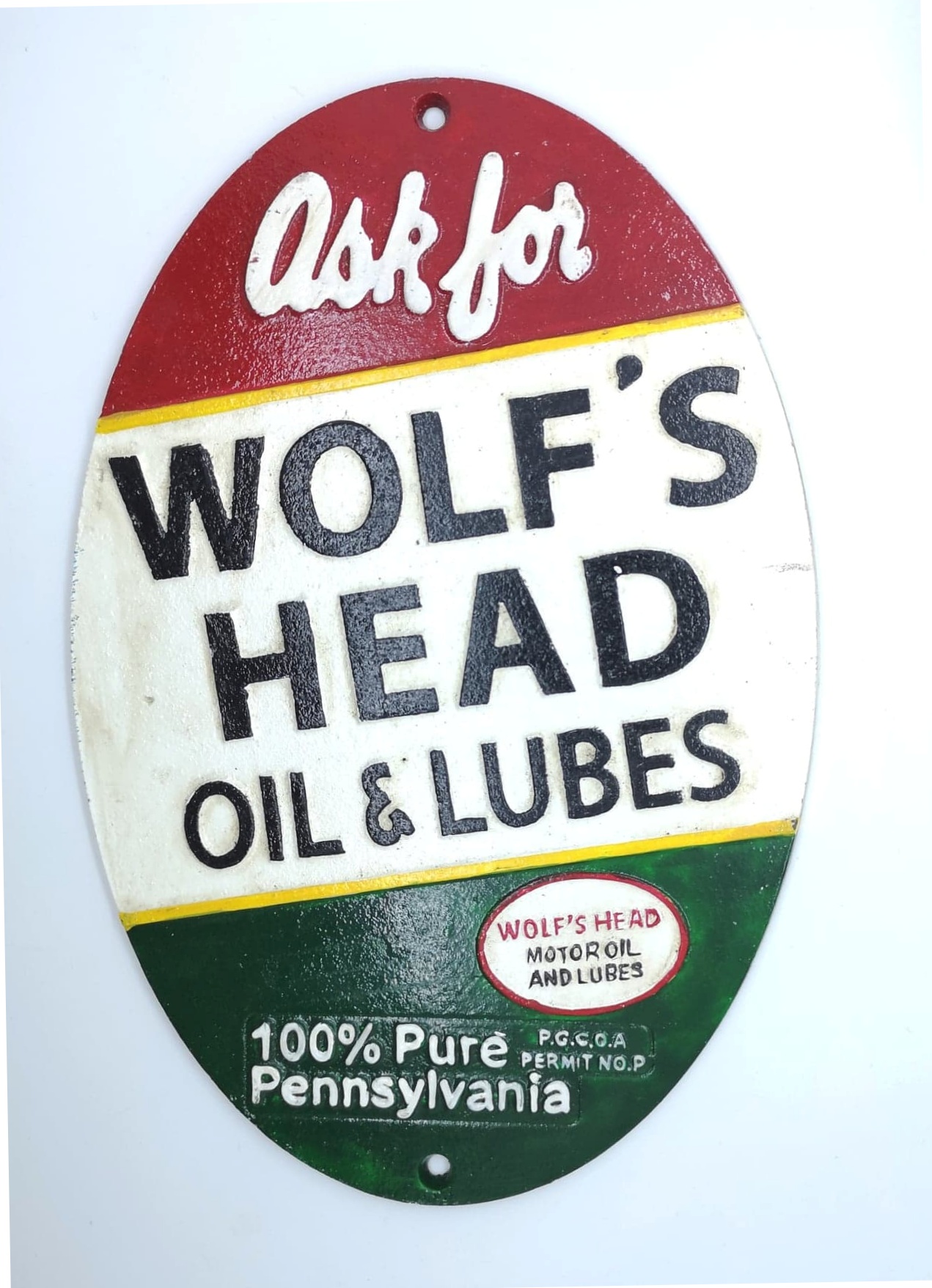 Wolfs Head Oil & Lubes Cast Iron Vintage Garage Advertising Sign 29cm x 19.5cm