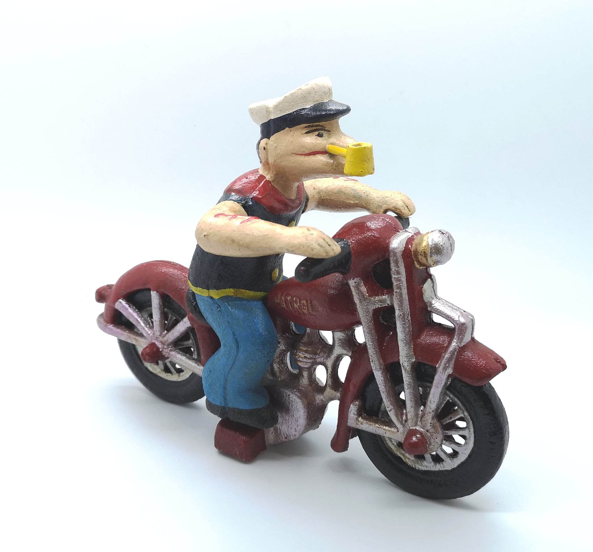 Popeye The Sailor Man On A Motorcycle Vintage Cast Iron Figurine 21cm x 16cm
