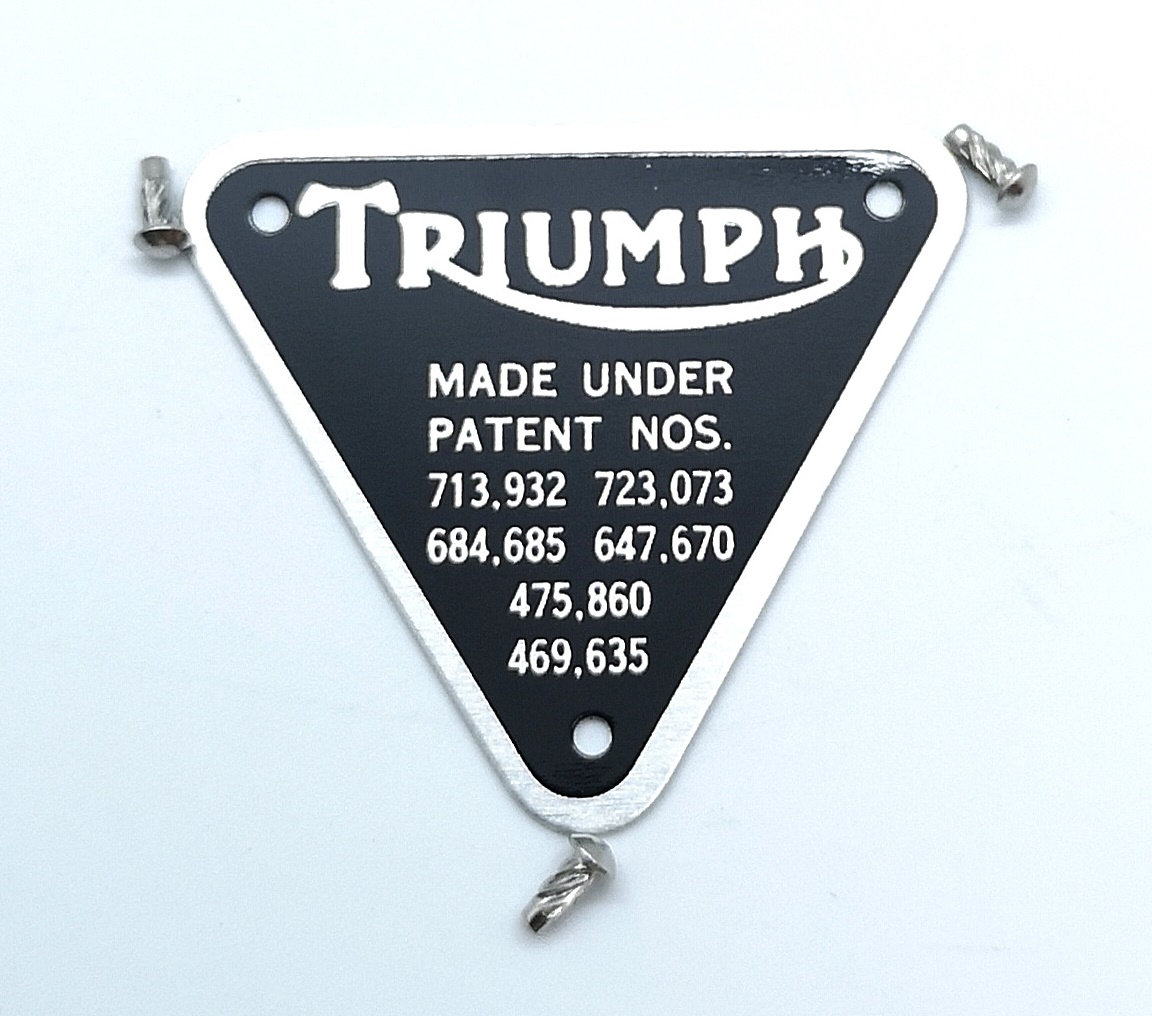 Triumph Patent Plate Badge 3 Rivets T100 TR6 T120 TR7 TIGER T140 UK MADE 70-4016