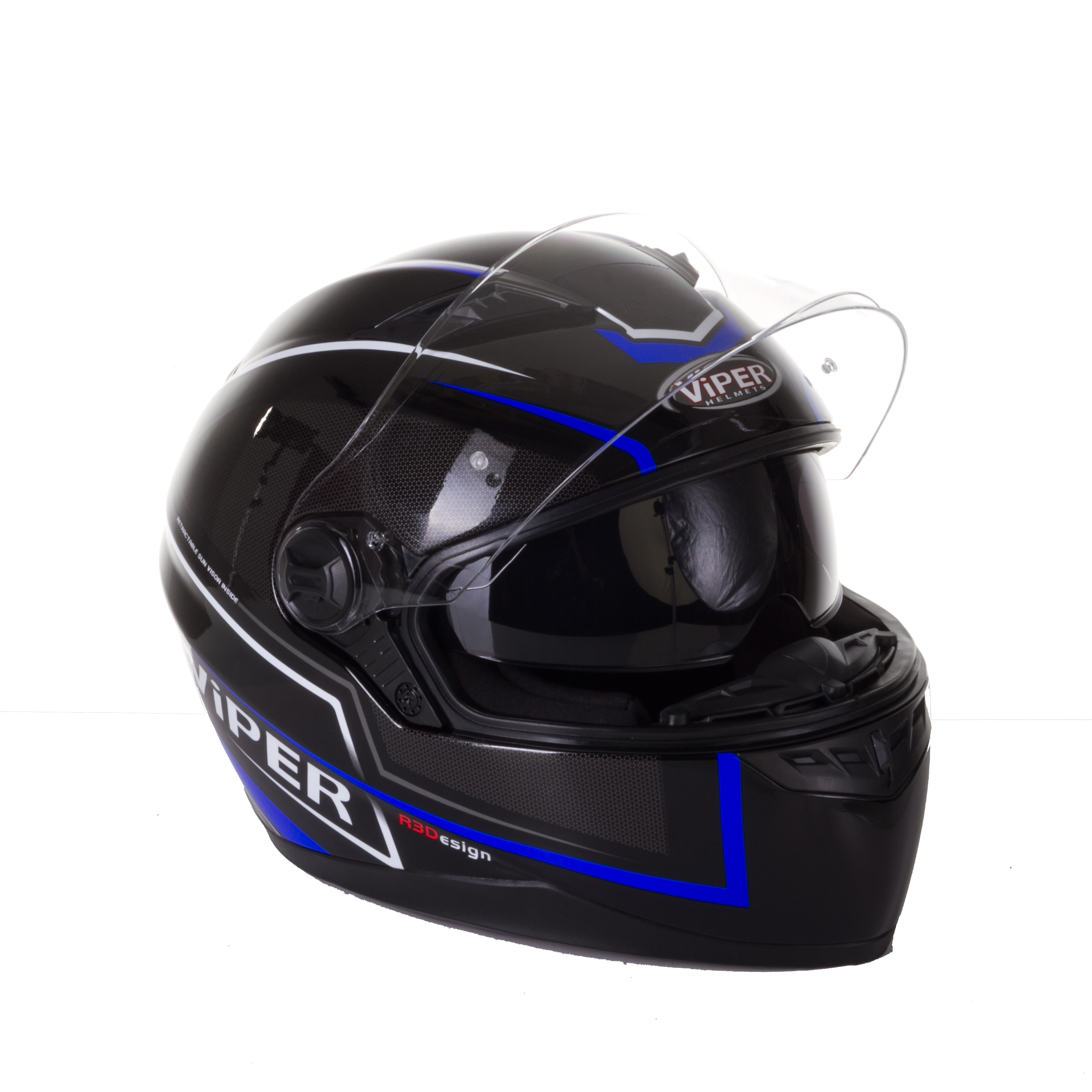 Viper Full Face Pinlock Twin Visor Motorcycle Race Helmet Black Blue Size Large